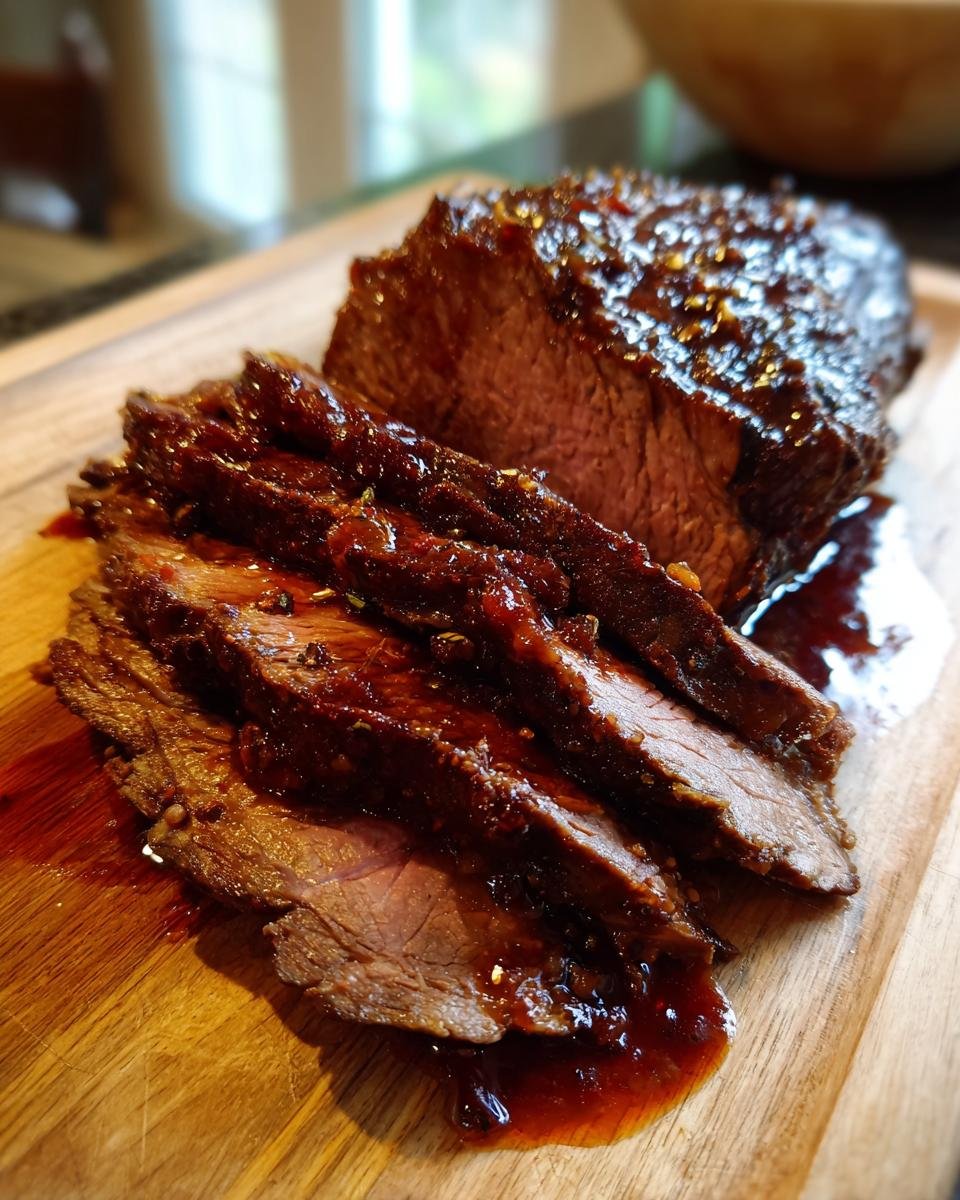 Close-up of sliced Burgunderbraten, a German pot roast, glistening with a rich, dark sauce.