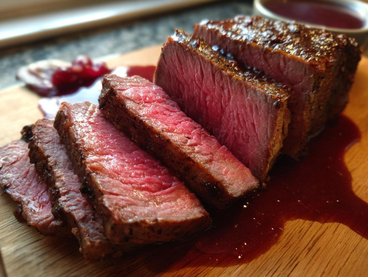 Close-up of perfectly sliced Burgunderbraten, showcasing its pink, juicy interior and rich sauce.