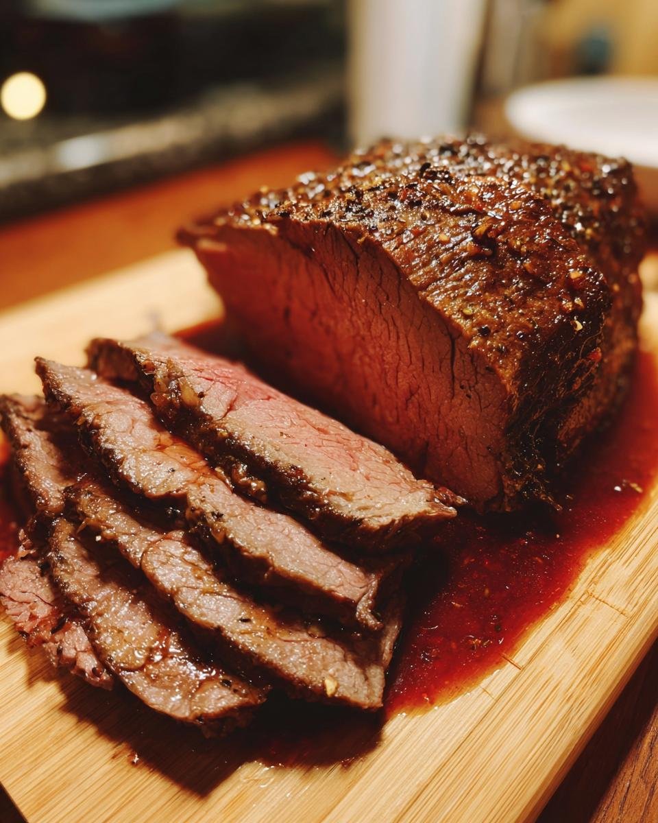 Close-up of sliced Burgunderbraten on a wooden board, with rich red sauce.