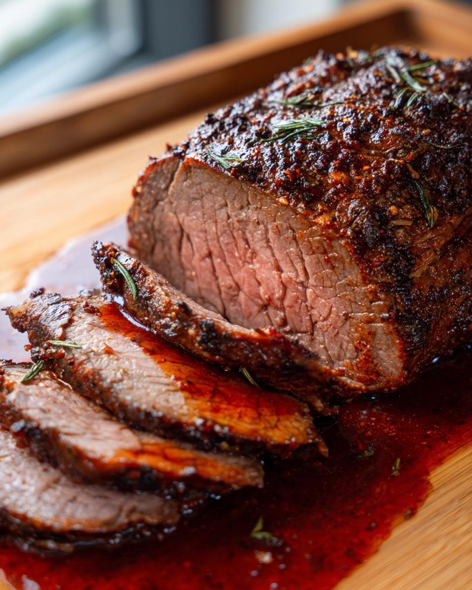 Close-up of sliced Burgunderbraten, a German roast beef, with a glistening red wine sauce and rosemary garnish.
