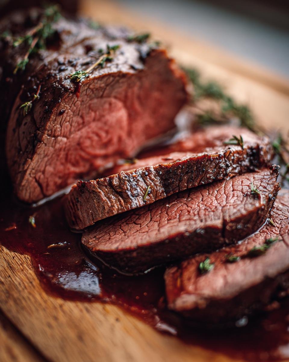 Close-up of sliced Burgunderbraten, a traditional German roast beef, with a rich red wine sauce and fresh thyme.