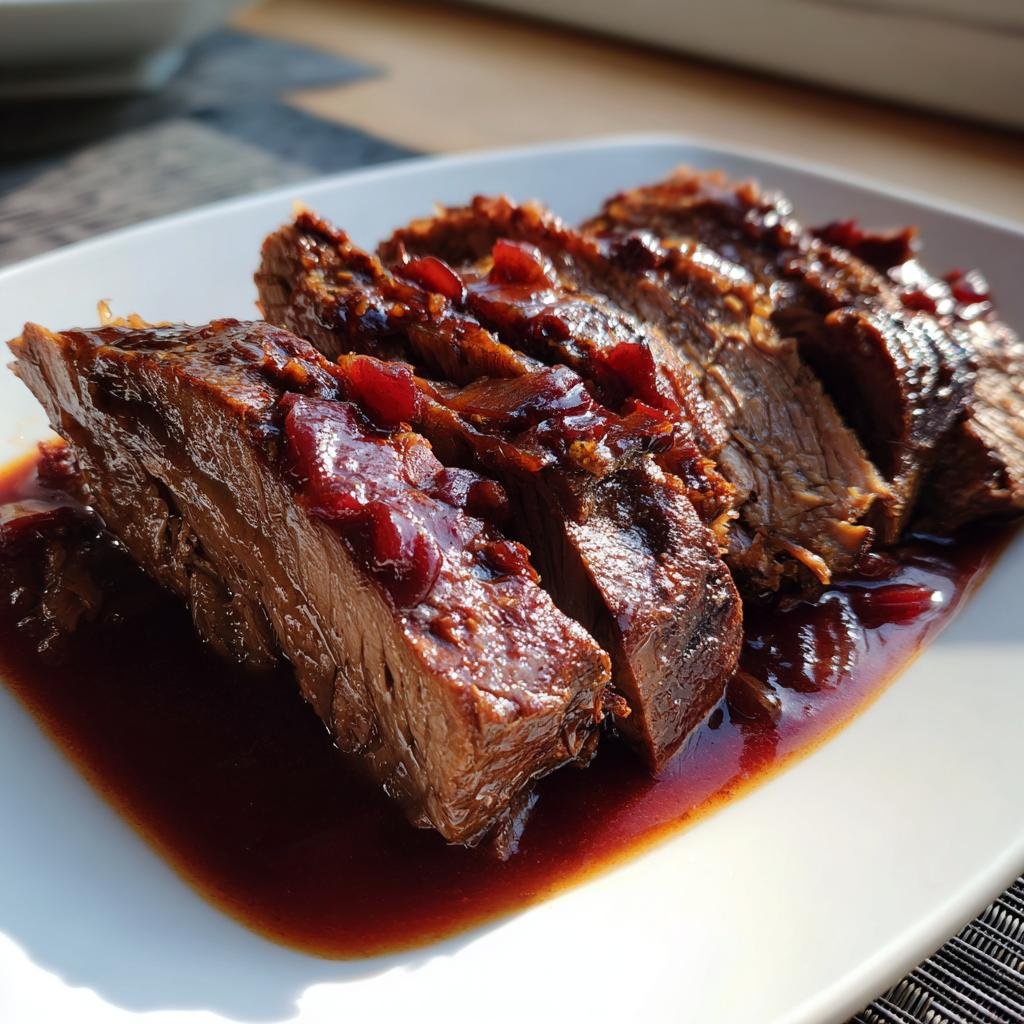 Juicy slices of German Burgunderbraten coated in a dark, rich sauce with visible pieces of cranberries.