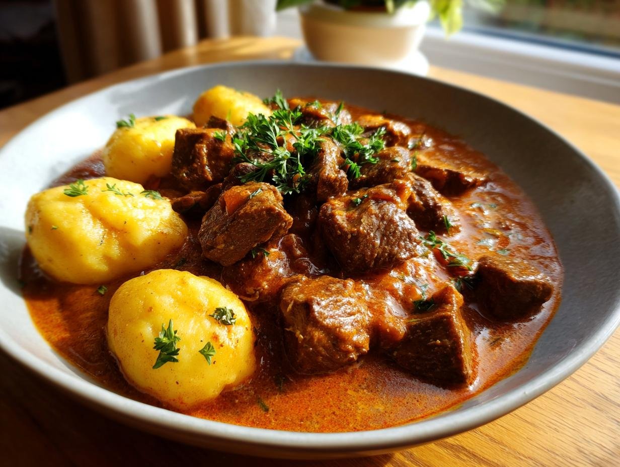 A close-up of tender Butterzartes Rahmgulasch mit Serviettenknödel, featuring rich sauce, tender meat, and fluffy dumplings.