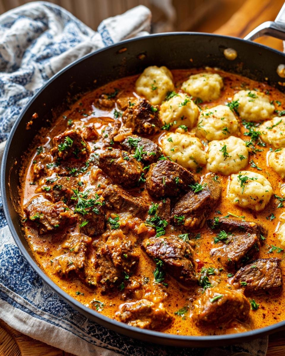 Butterzartes Rahmgulasch mit Serviettenknödel in einer Pfanne, garniert mit Petersilie.