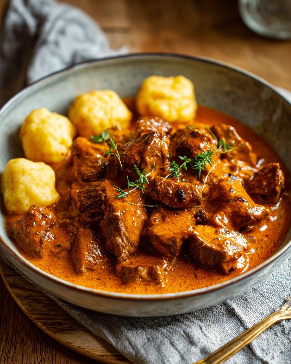 Close-up of tender Butterzartes Rahmgulasch mit Serviettenknödel in a bowl, garnished with fresh herbs.