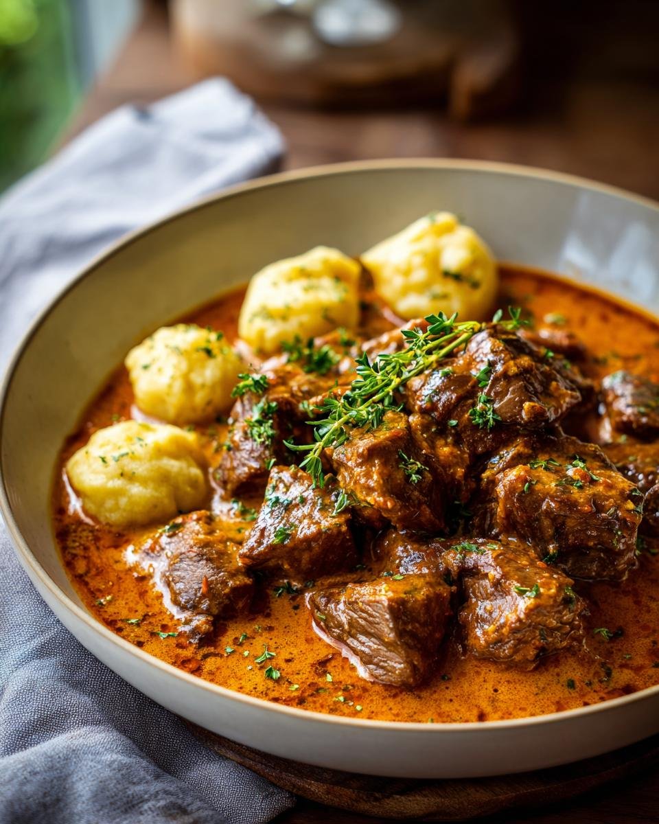 A bowl of rich Butterzartes Rahmgulasch mit Serviettenknödel, featuring tender beef in a creamy sauce with dumplings.