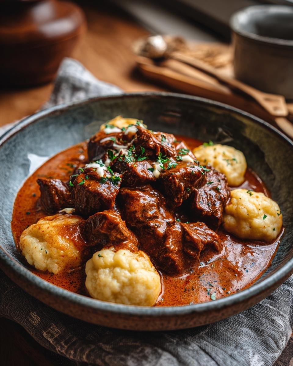 A close-up of tender Butterzartes Rahmgulasch mit Serviettenknödel in a rustic bowl, garnished with parsley.