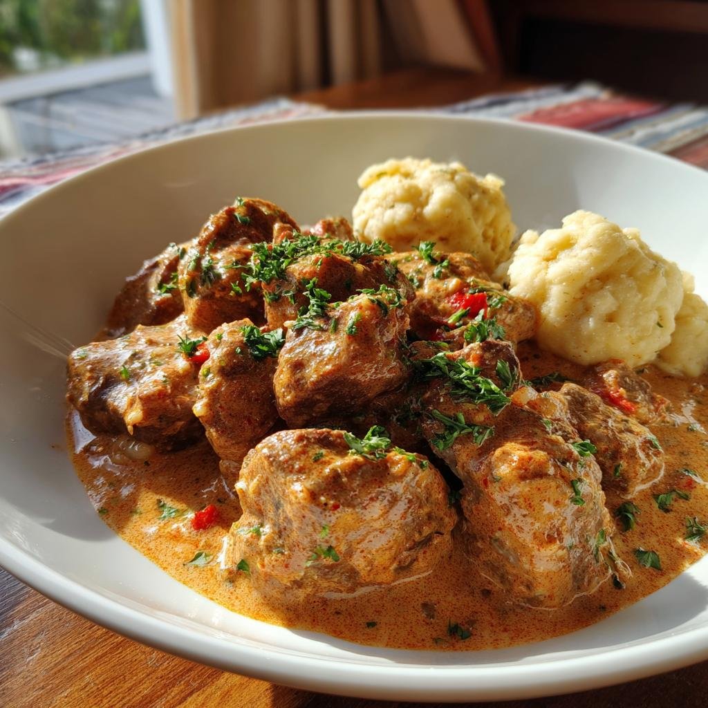 A close-up of tender Butterzartes Rahmgulasch mit Serviettenknödel, garnished with parsley.