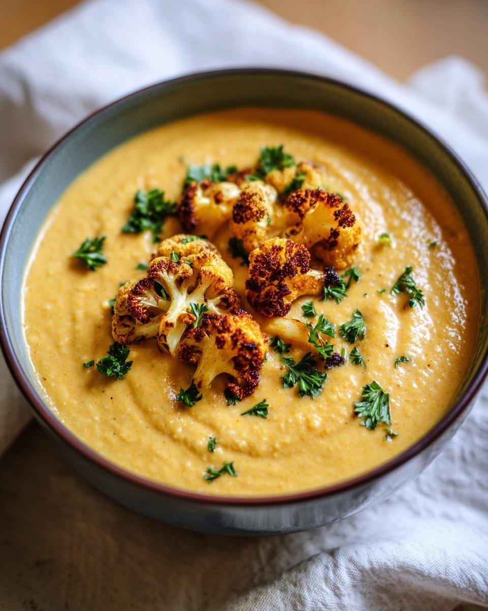 A bowl of creamy roasted vegan cauliflower soup topped with roasted cauliflower florets and fresh parsley.