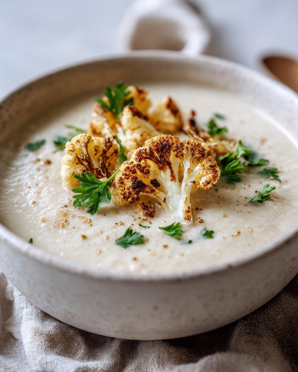 CREAMY ROASTED VEGAN CAULIFLOWER SOUP garnished with roasted cauliflower florets and fresh parsley.