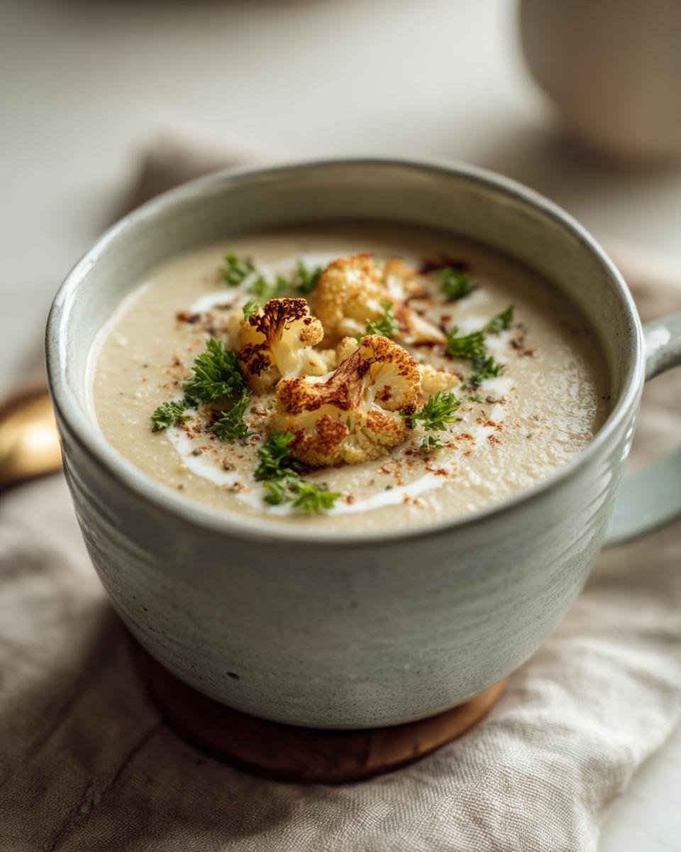 A bowl of CREAMY ROASTED VEGAN CAULIFLOWER SOUP topped with roasted cauliflower florets and fresh parsley.