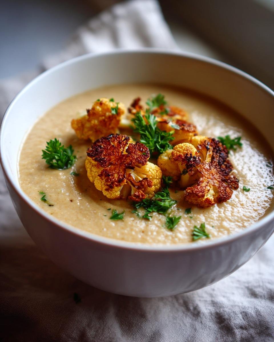 A bowl of CREAMY ROASTED VEGAN CAULIFLOWER SOUP topped with roasted cauliflower florets and fresh parsley.