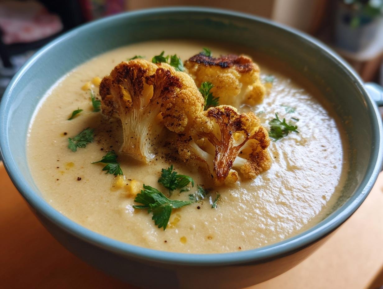 A close-up of a bowl of creamy roasted vegan cauliflower soup, topped with roasted cauliflower florets and fresh parsley.