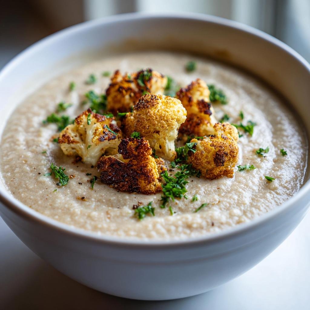 A bowl of creamy roasted vegan cauliflower soup topped with roasted cauliflower florets and fresh parsley.