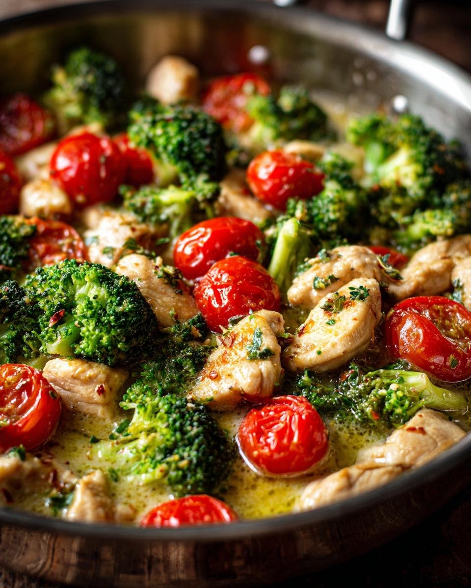 Cremige Brokkoli-Hähnchen-Pfanne mit Tomaten in einer Pfanne, mit saftigen Hähnchenstücken, knackigem Brokkoli und Kirschtomaten.