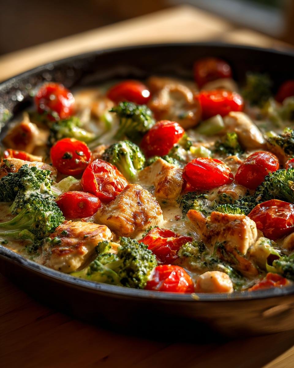 Cremige Brokkoli-Hähnchen-Pfanne mit Tomaten, ein Gericht mit Hähnchenstücken, Brokkoli und Kirschtomaten in einer cremigen Sauce.