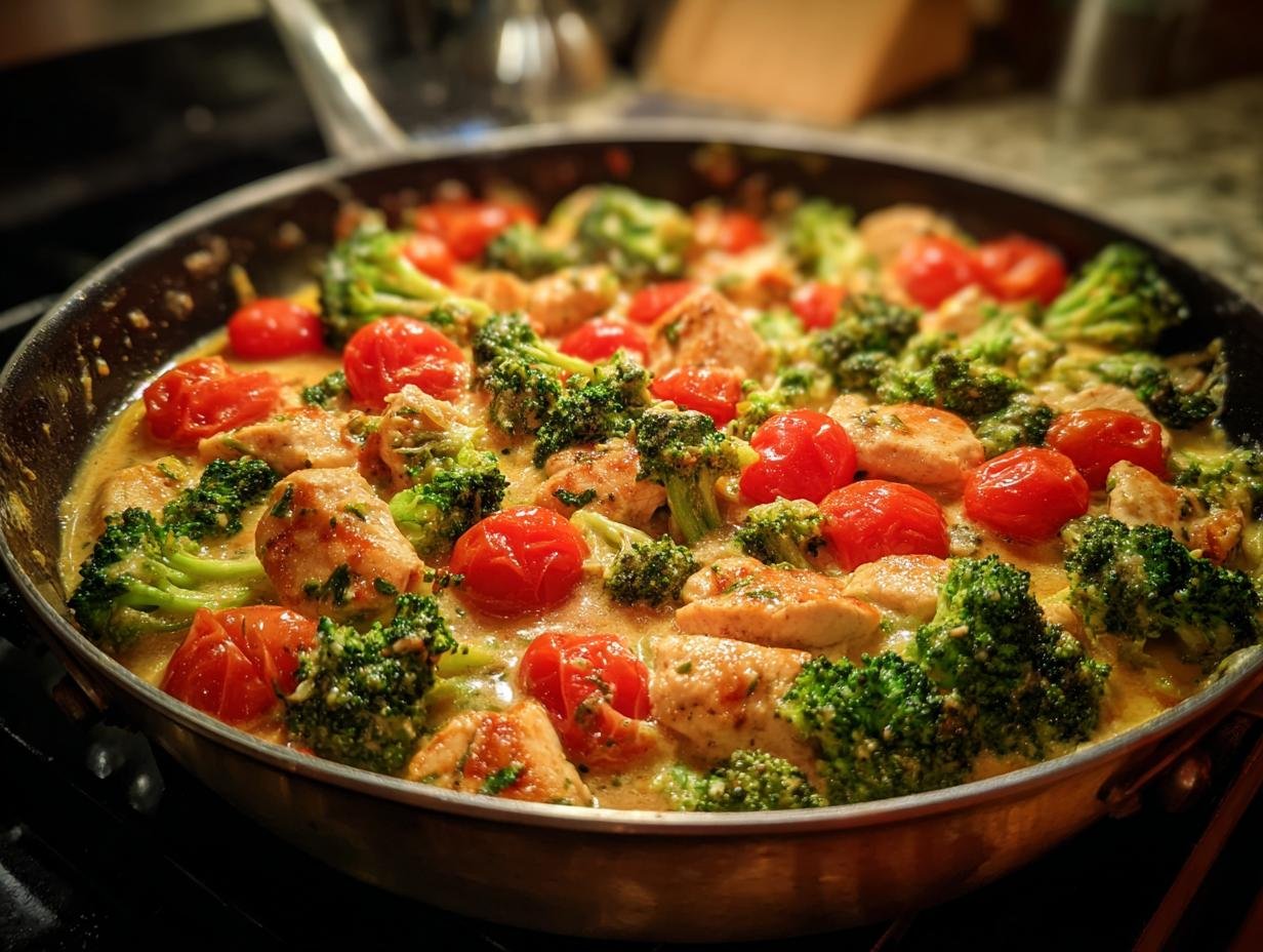 Nahaufnahme einer cremigen Brokkoli-Hähnchen-Pfanne mit Tomaten, serviert in einer Pfanne.