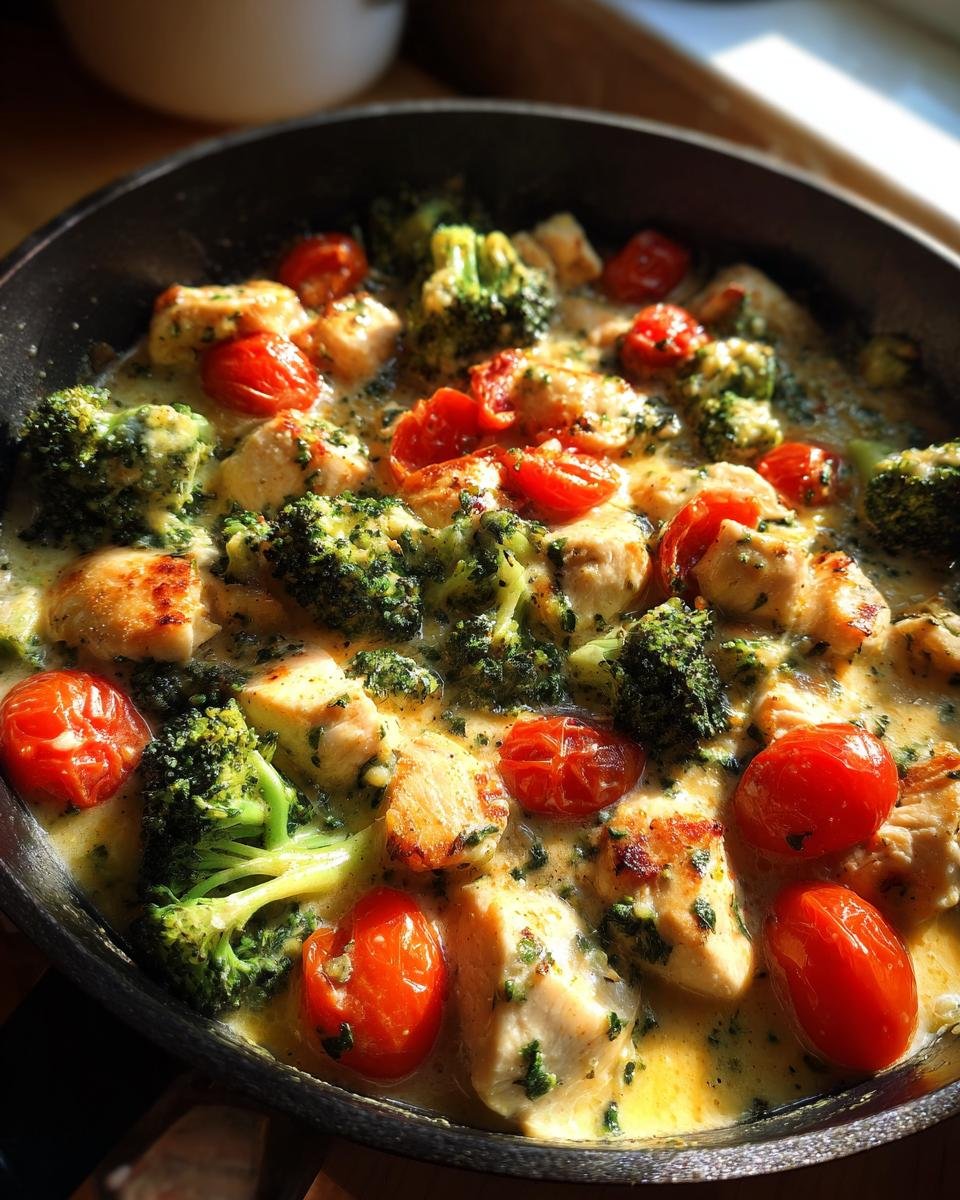 Cremige Brokkoli-Hähnchen-Pfanne mit Tomaten in einer Pfanne, mit Hähnchenstücken, Brokkoli und Kirschtomaten in cremiger Soße.