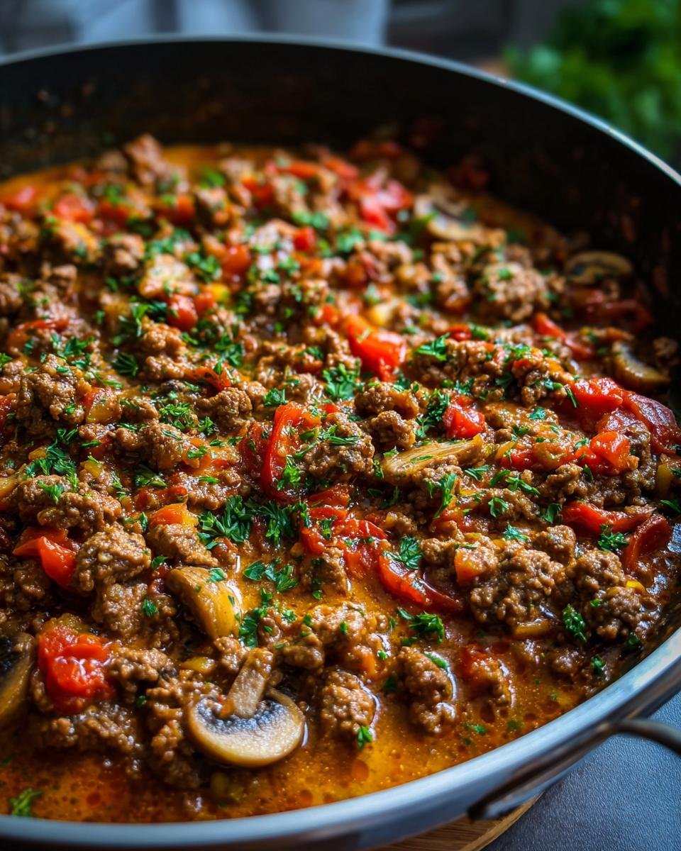 Cremige Hackfleisch Jäger Art in einer Pfanne mit Pilzen und Paprika, garniert mit Petersilie.