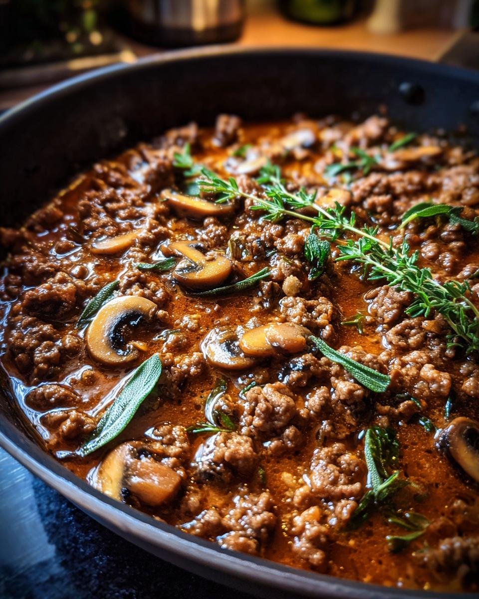 Cremige Hackfleisch Jäger Art mit Pilzen und Kräutern in einer Pfanne zubereitet.