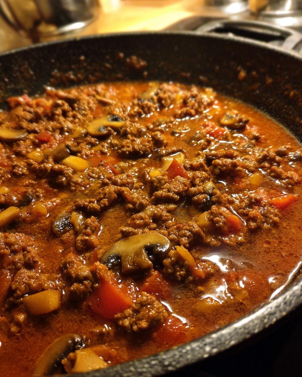 Nahaufnahme von cremiger Hackfleisch Jäger Art mit Pilzen und Tomaten in einer Pfanne.