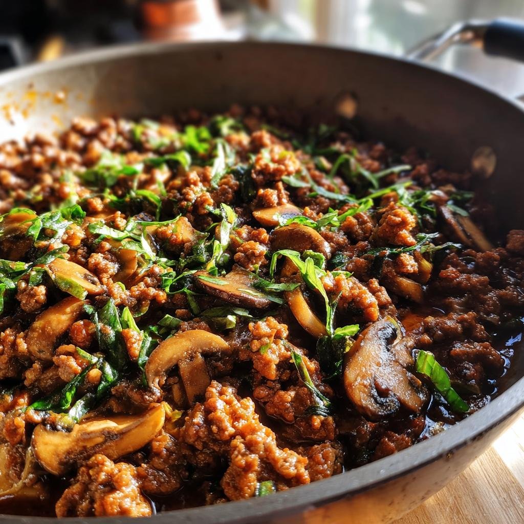 Nahaufnahme von cremiger Hackfleisch Jäger Art mit Pilzen und Kräutern in einer Pfanne.
