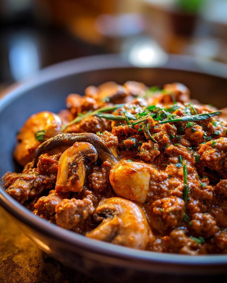 Nahaufnahme von Cremige Hackfleisch Jäger Art mit Pilzen und Kräutern in einer Schüssel.