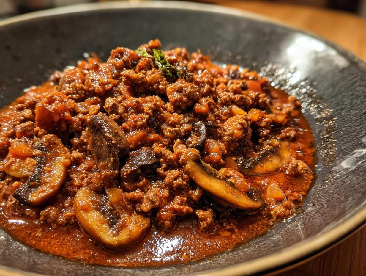 Nahaufnahme von Cremige Hackfleisch Jäger Art mit Pilzen in einer Schüssel, garniert mit Kräutern.