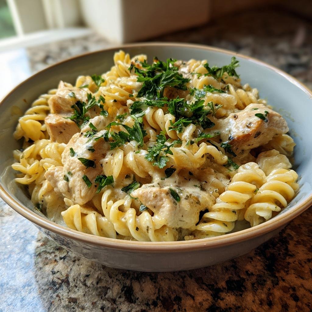 Eine Schüssel Cremige Hähnchen-Mozzarella-Pasta, garniert mit frischer Petersilie.