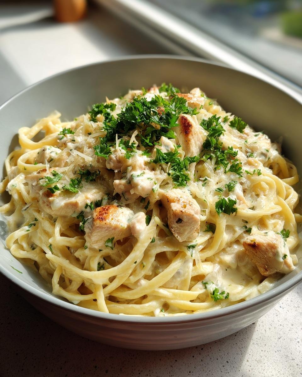 Eine Schüssel mit cremiger Hähnchen-Mozzarella-Pasta, garniert mit Petersilie und Parmesan.