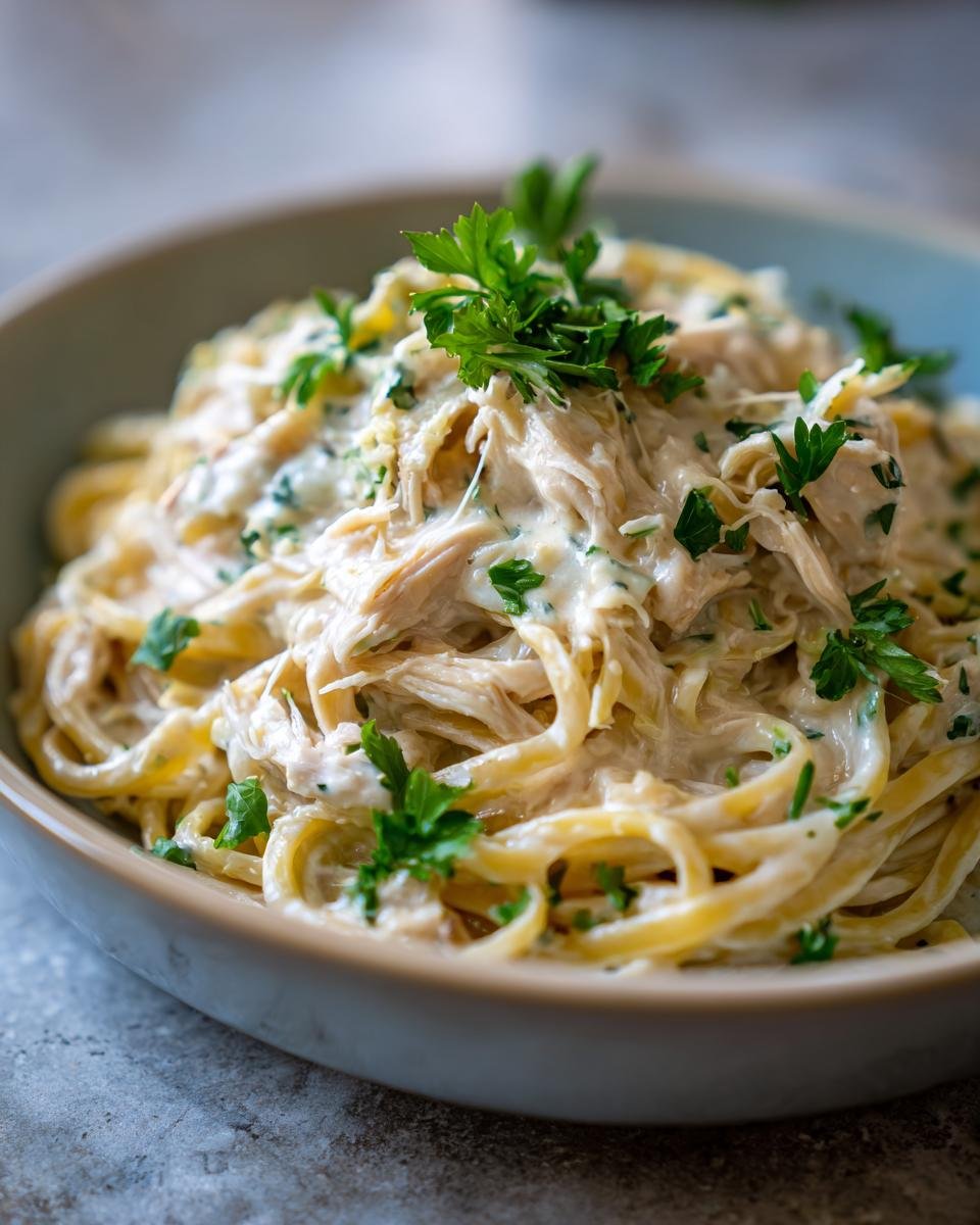 Cremige Hähnchen-Mozzarella-Pasta mit frischer Petersilie garniert, serviert in einer Schüssel.