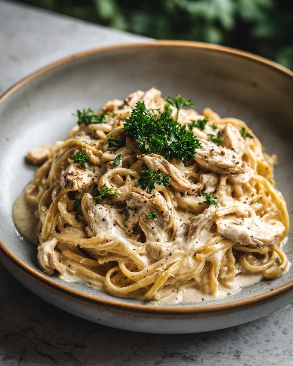 Eine Schüssel mit cremiger Hähnchen-Mozzarella-Pasta, garniert mit Petersilie und schwarzem Pfeffer.