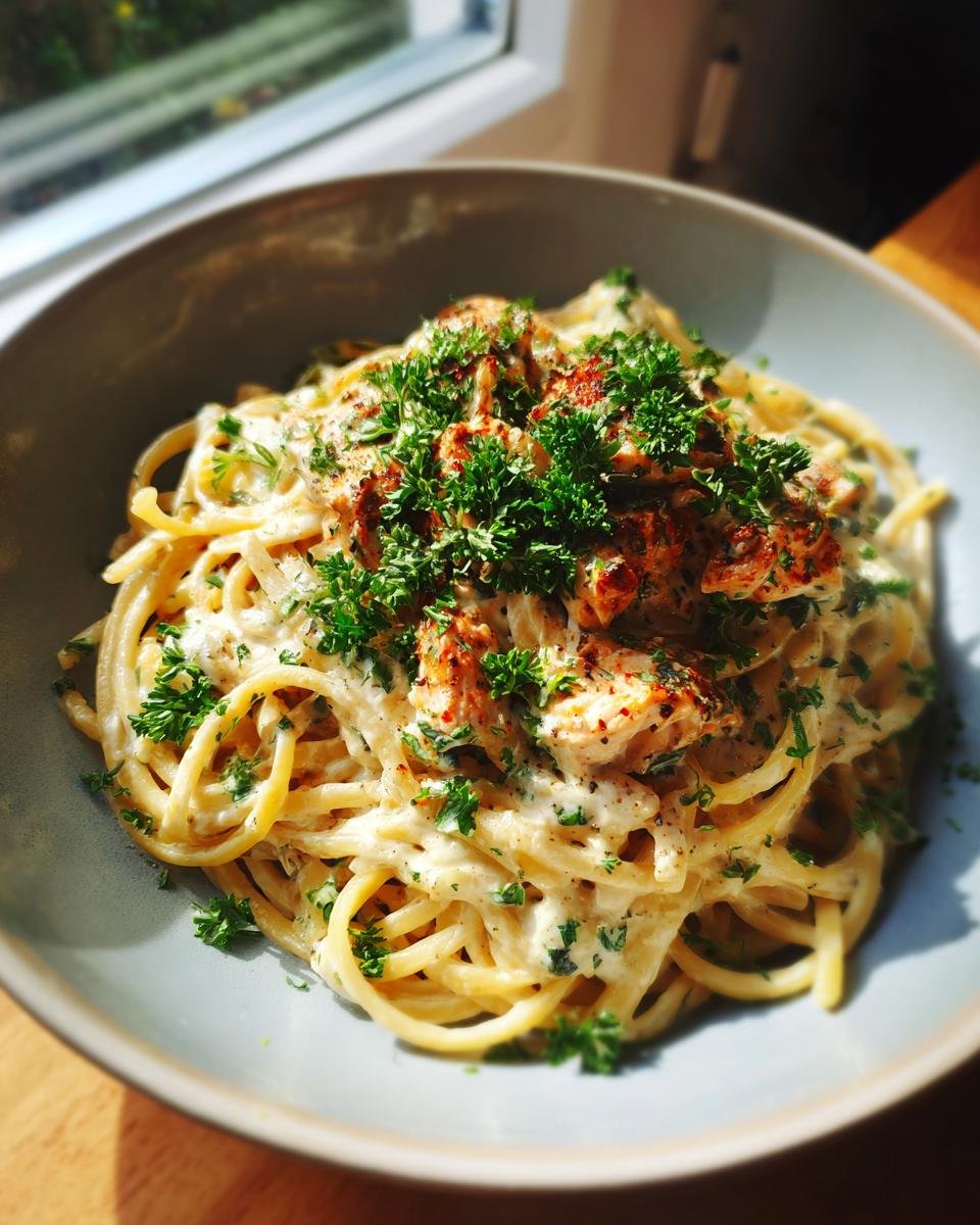 Eine Schüssel cremiger Hähnchen-Mozzarella-Pasta, garniert mit gehackter Petersilie und Gewürzen.