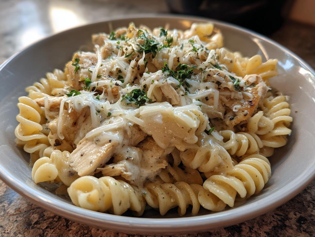 Close-up of Cremige Hähnchen-Mozzarella-Pasta with fusilli, chicken, and melted mozzarella, garnished with parsley.