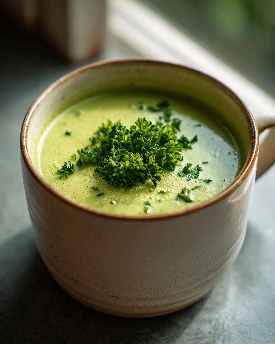 Eine Schüssel cremiger Zucchinisuppe, garniert mit frischer Petersilie, bereit zum Servieren.