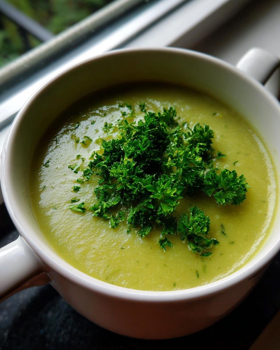 Eine Schüssel cremiger Zucchinisuppe, garniert mit frischer Petersilie, bereit zum Servieren.