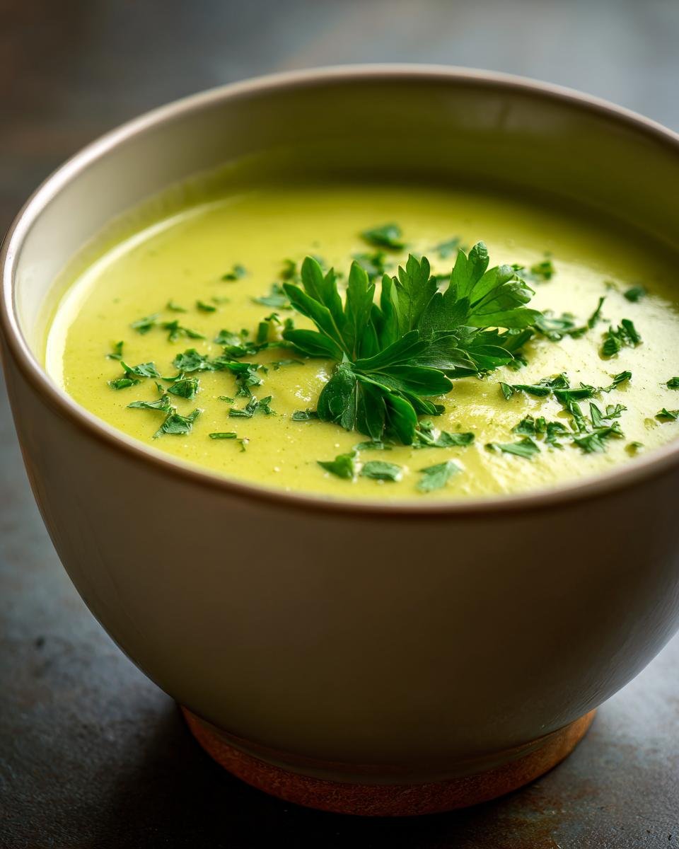 Eine Schüssel mit cremiger Zucchinisuppe, garniert mit frischer Petersilie.