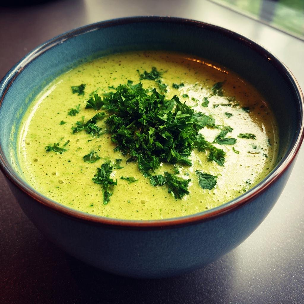 Eine Schüssel mit cremiger Zucchinisuppe, garniert mit gehackter Petersilie. Cremige Zucchinisuppe.
