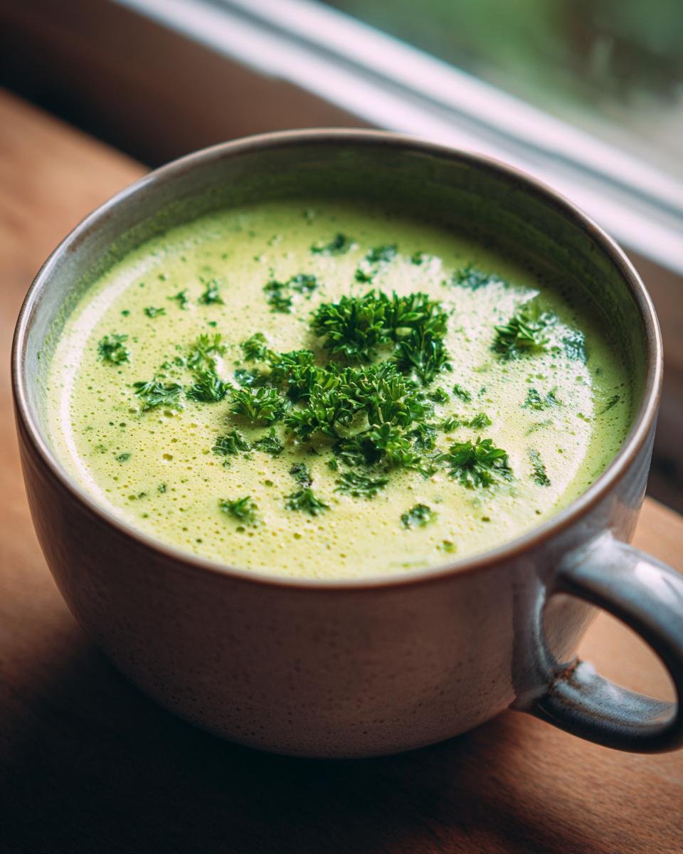 Eine Tasse cremige Zucchinisuppe, garniert mit frischer Petersilie, bereit zum Servieren.