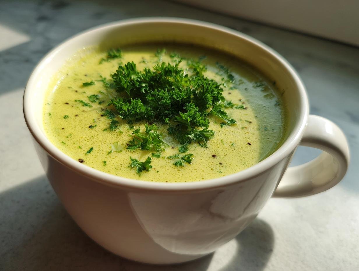 Eine Tasse cremige Zucchinisuppe, garniert mit frischer Petersilie und Pfeffer.
