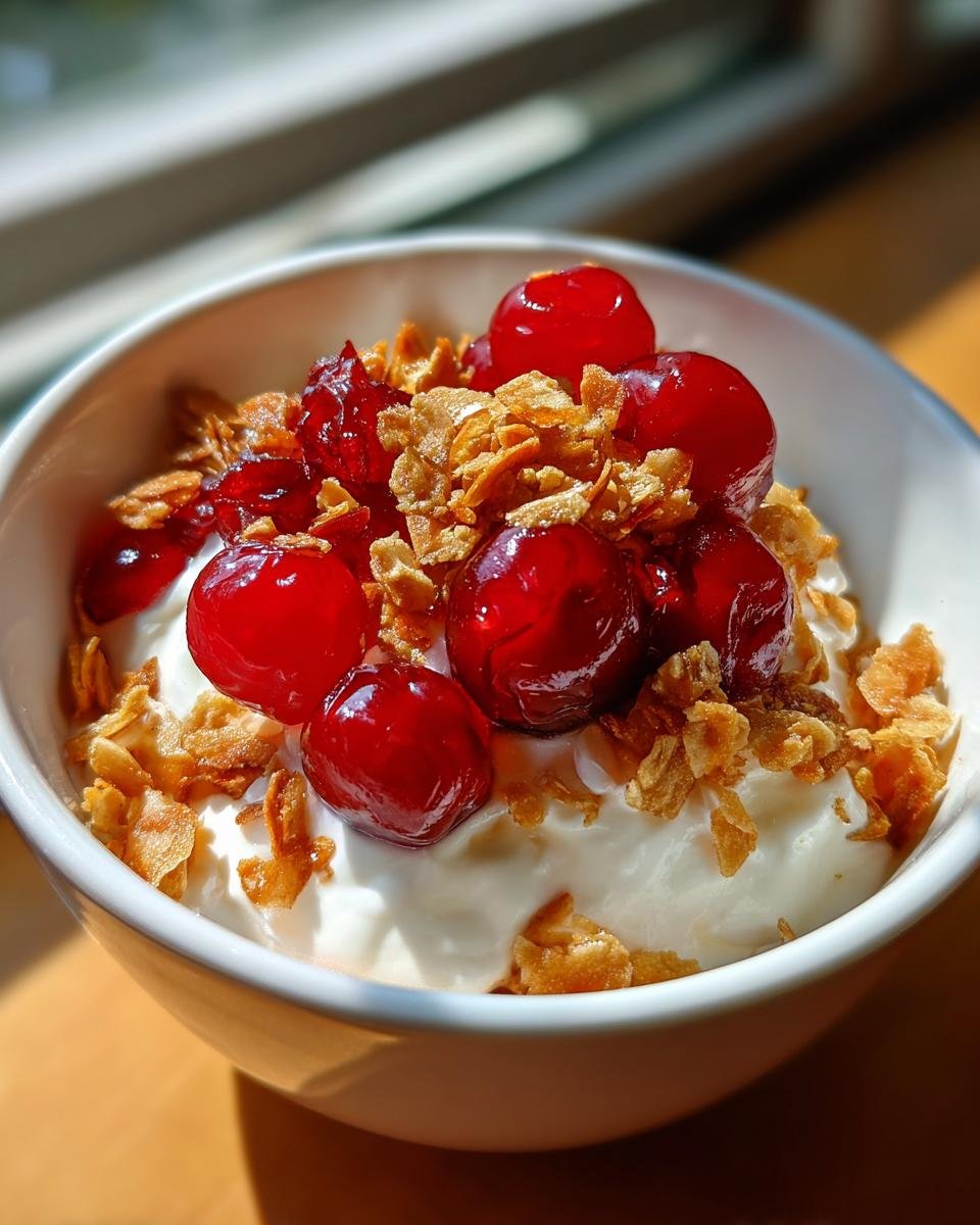 Cremiges Zimtparfait mit gebrannten Mandeln und Kirschen in einer weißen Schüssel.