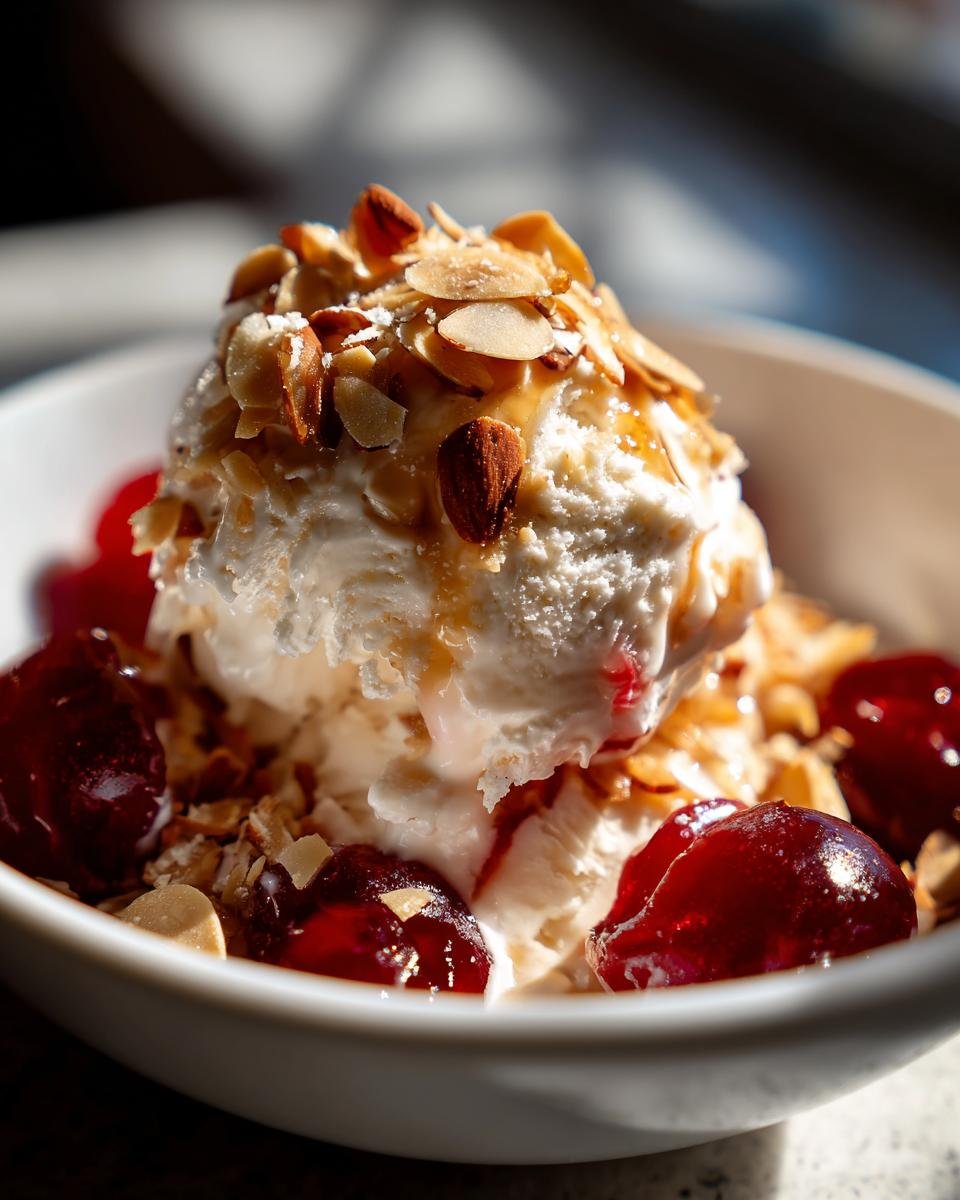 Cremiges Zimtparfait mit gebrannten Mandeln und Kirschen, garniert mit Mandelsplittern und Kirschen.