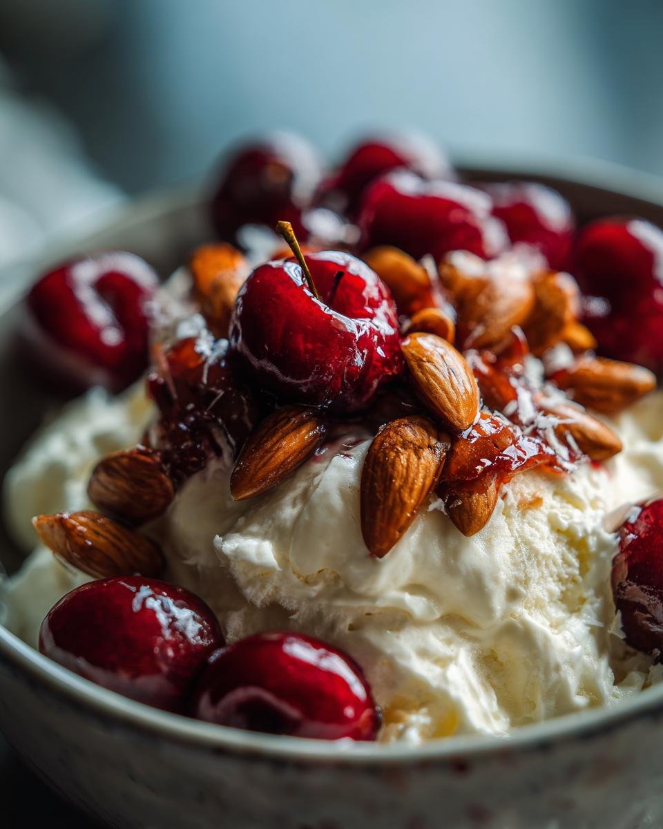 Cremiges Zimtparfait mit gebrannten Mandeln und Kirschen, garniert mit frischen Kirschen und Mandelsplittern.