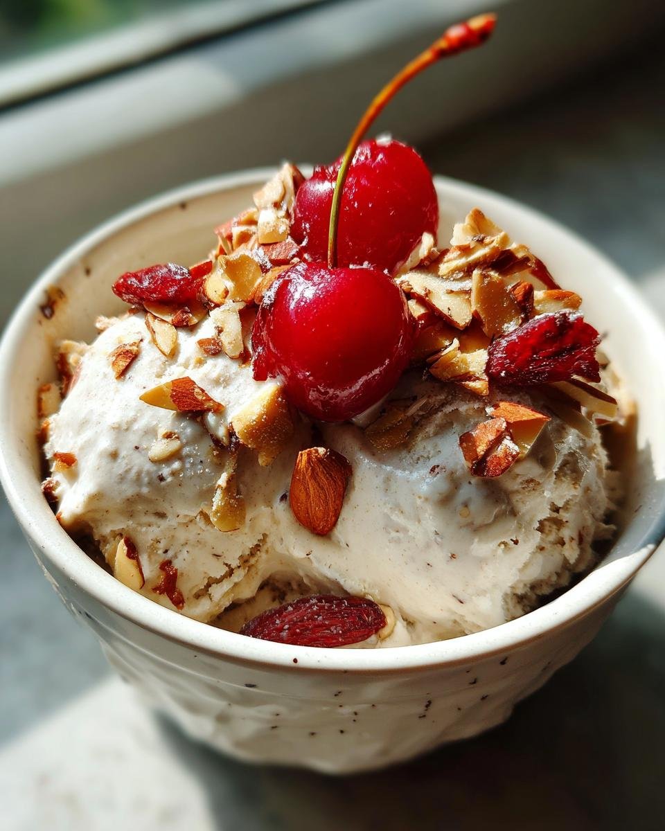 Cremiges Zimtparfait mit gebrannten Mandeln und Kirschen, garniert mit frischen Kirschen und Mandelblättchen.