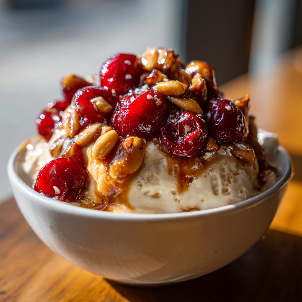 Cremiges Zimtparfait mit gebrannten Mandeln und Kirschen in einer weißen Schüssel, garniert mit Kirschen und Mandeln.