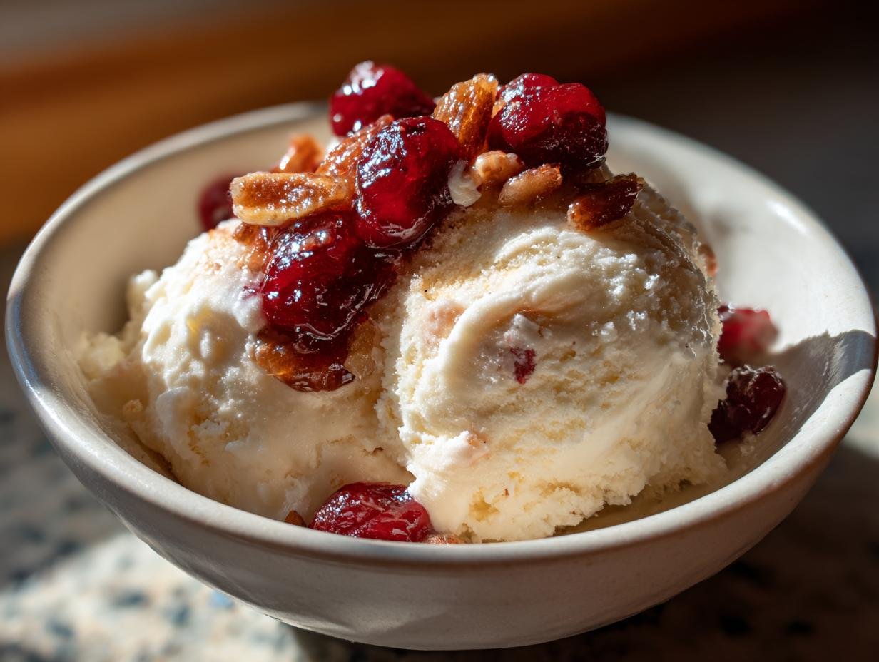 Cremiges Zimtparfait mit gebrannten Mandeln und Kirschen in einer Schüssel, garniert mit Kirschen und Mandeln.