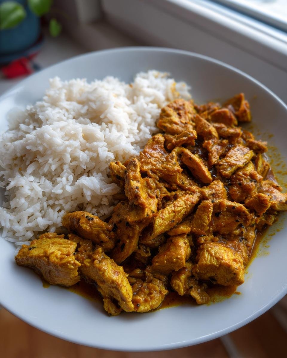 Ein Teller mit Curry-Geschnetzeltes mit Reis, bestehend aus geschnittenem Hähnchen in Currysauce und weißem Reis.