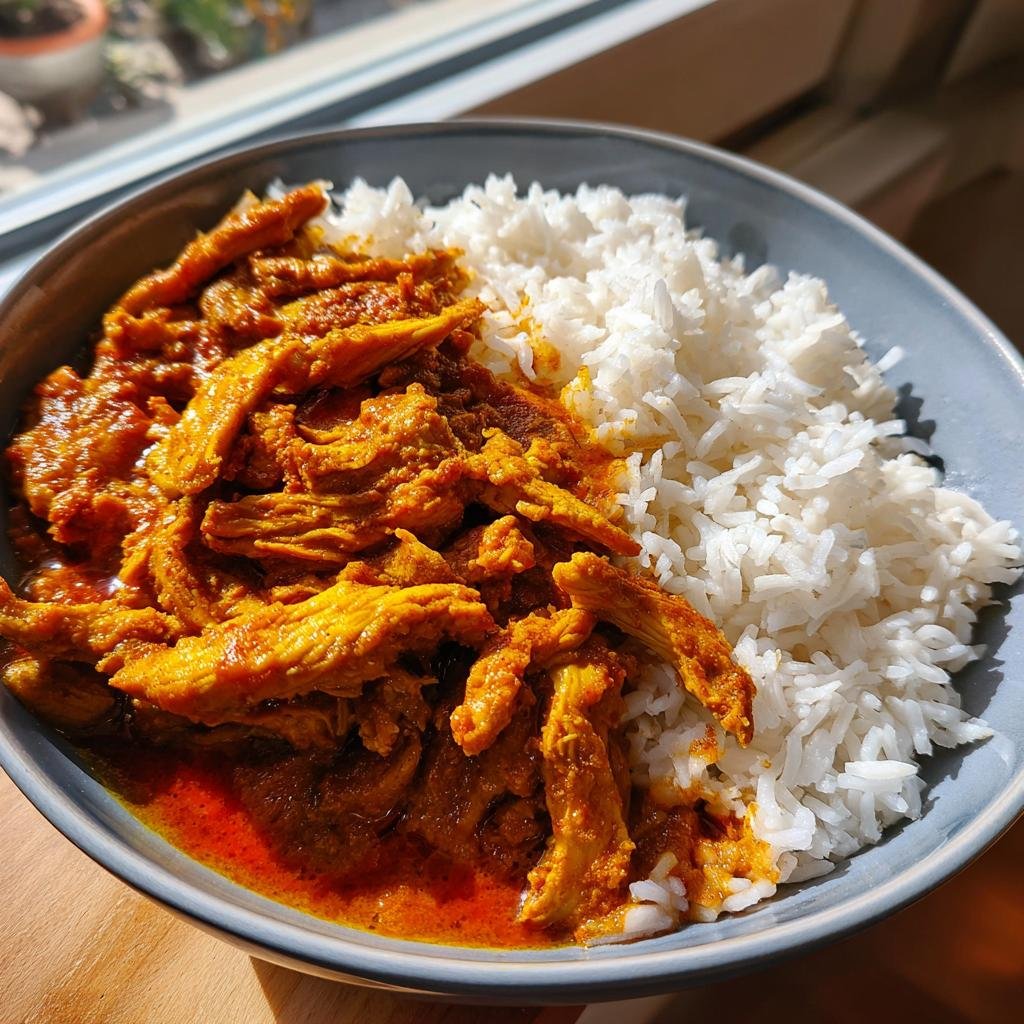 Eine Schüssel mit Curry-Geschnetzeltes mit Reis, das Fleisch ist in einer cremigen Currysauce und mit Reis serviert.