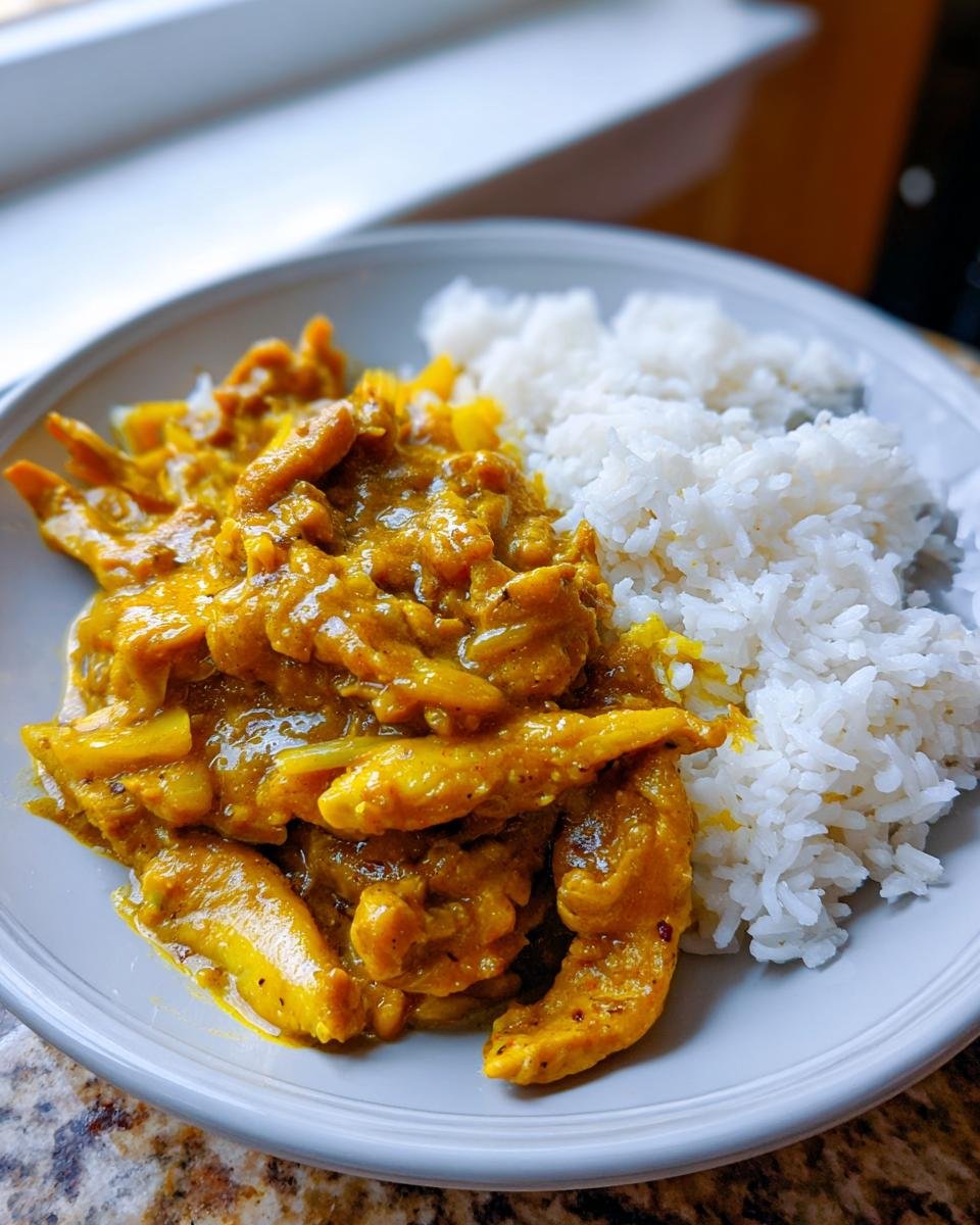 Eine Portion Curry-Geschnetzeltes mit Reis auf einem Teller, das Gericht ist goldbraun und cremig mit Reis.