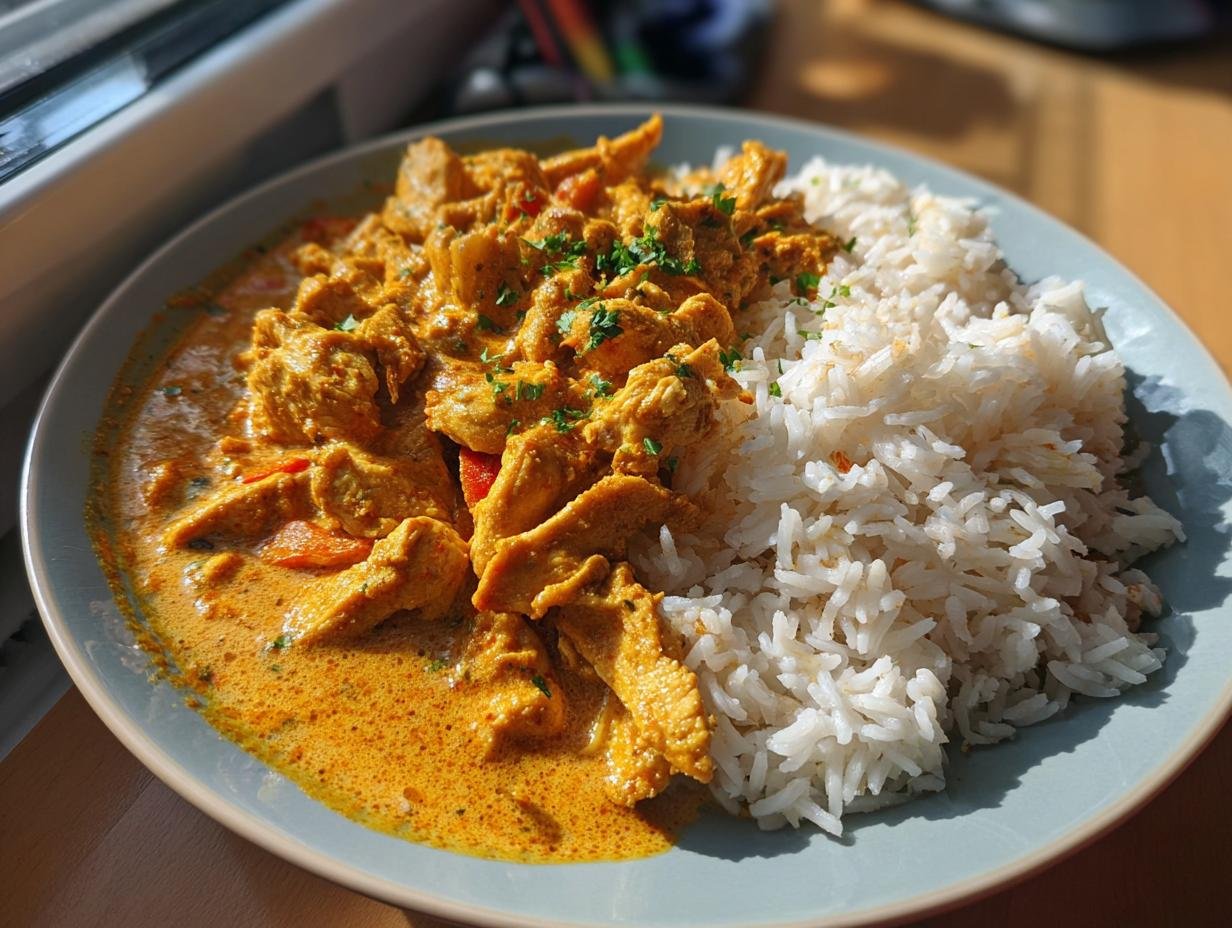 Herzhaftes Curry-Geschnetzeltes mit Reis auf einem Teller, garniert mit Petersilie.